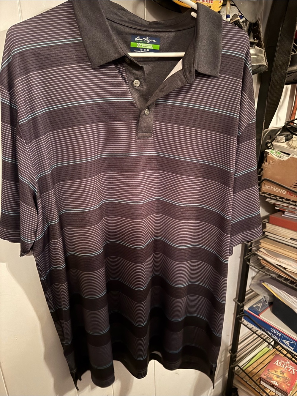 Hogan Men’s Black & Gray Striped Polo with Subtle Blue Lines
